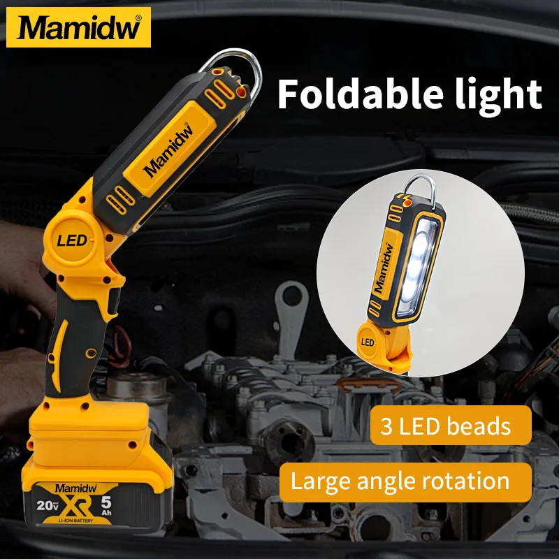 

Mamidw LED Work Light Compact Folding Travel Camping Lamp Electric Rotating Light Family Emergency Floodlight For DEWALT Battery