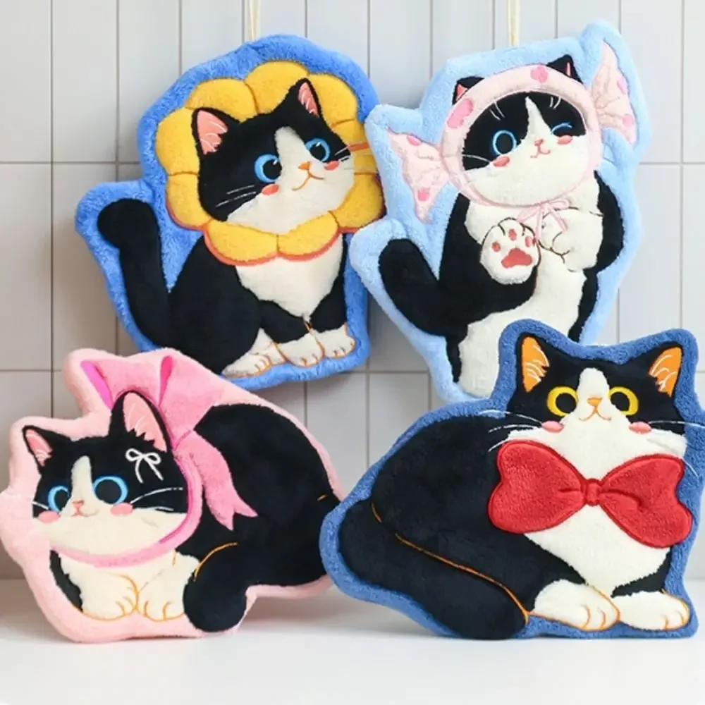 Cute Cat Hand Towel Coral Fleece Strong Water Absorption Bathroom Kerchief Hanging Style Soft Washcloth Kitchen