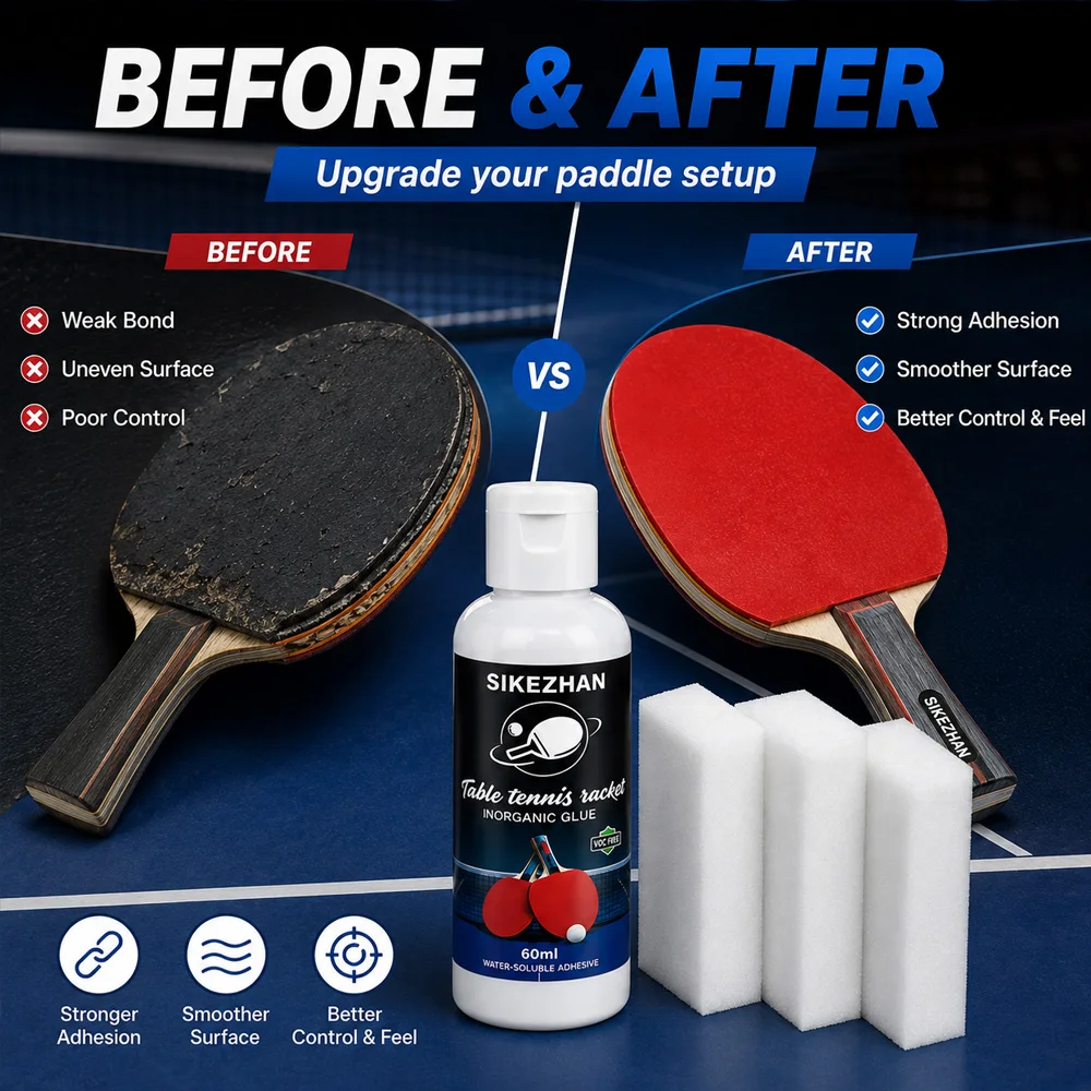 3 Pcs Table Tennis Glue Water Based Inorganic Ping Pong Racket Rubber Adhesive VOC Free Non Toxic with Sponge Accessories 60ml