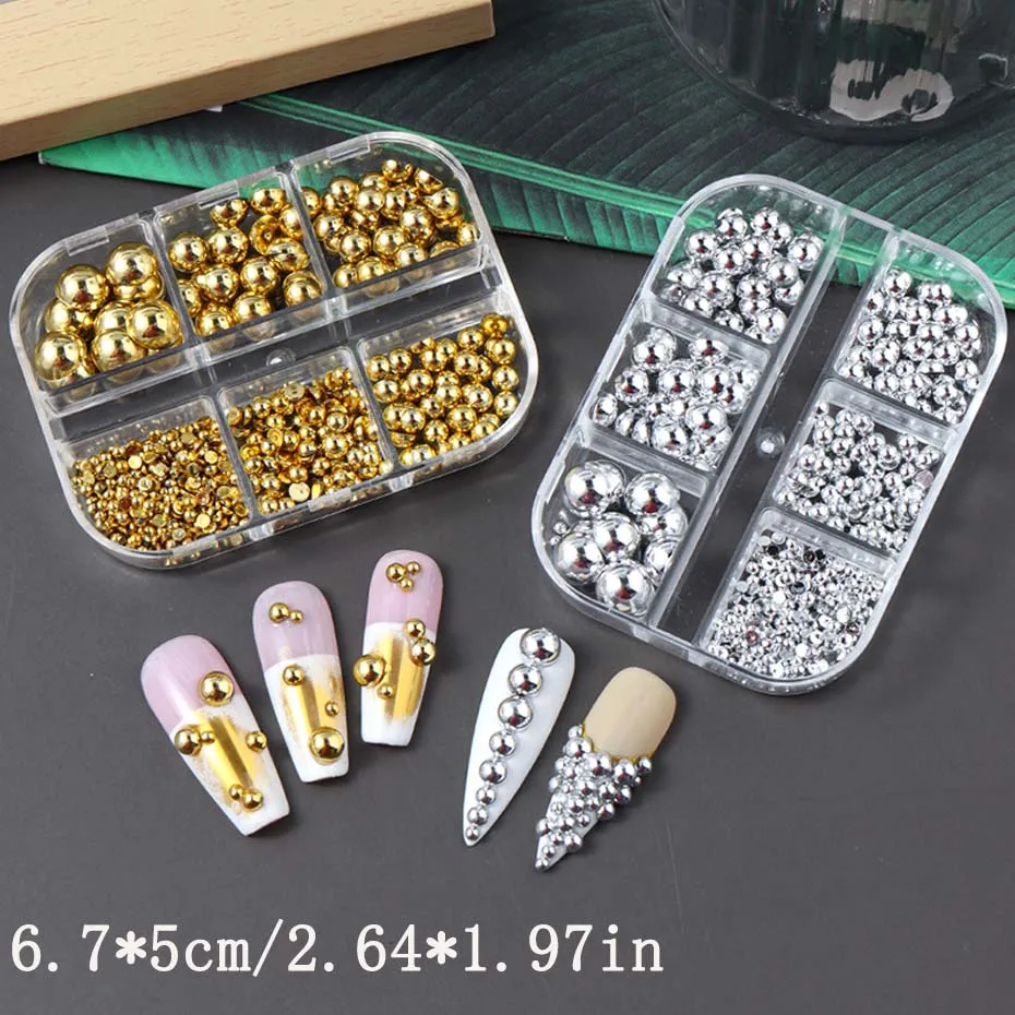 6 grades tamanho misto dourado prateado semicírculo pérolas encantos da arte do prego punk design gótico japonês decoração da arte do prego fornecimento de unhas