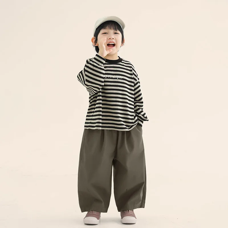 2025 Boys' Long Sleeved T-shirt Spring Clothing Children's New Striped Top Korean Version Clothing Middle and Small Children