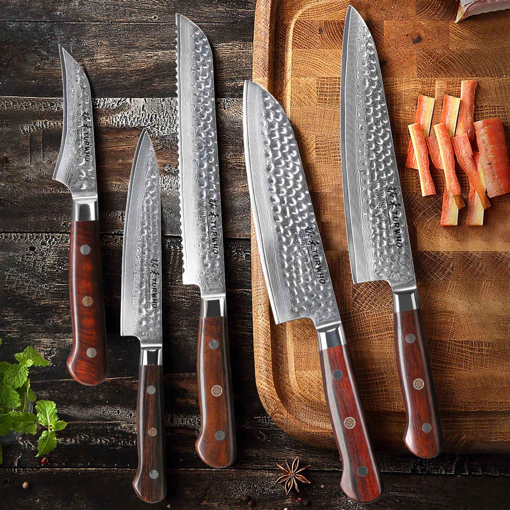 TURWHO 5PCS Japan Santoku Knives Chef Knives Bread Knife 67 Layer High Carbon Damascus Steel Professional Kitchen Knife Set