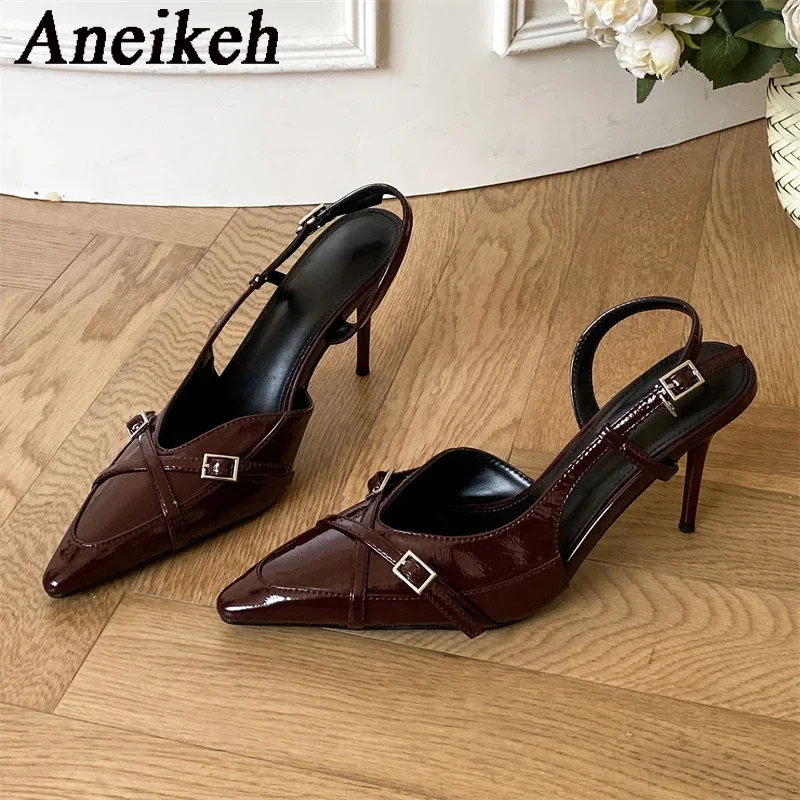 Aneikeh 2025 zapatos de tacón con hebilla para mujer, moda de primavera, tacones finos, puntiagudos, zapatos de fiesta elegantes, boda, negro