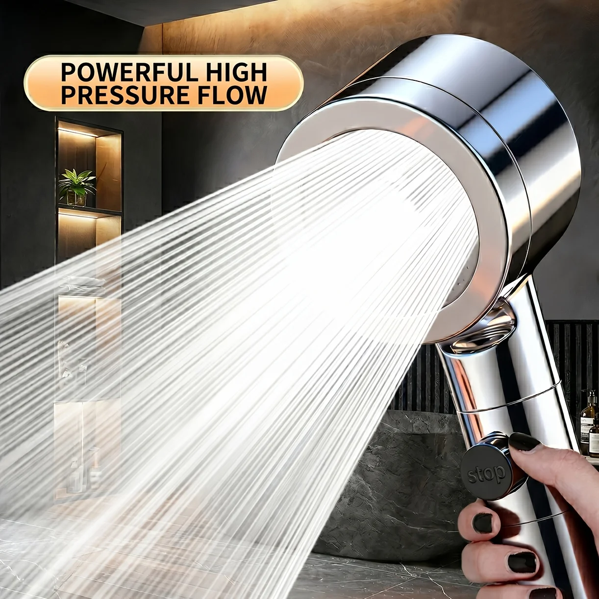 A Silver/Black/Grey Shower Head with 3 Adjustable Water Flow Modes, a Household Shower Faucet, a Pressure-Increasing Shower Head