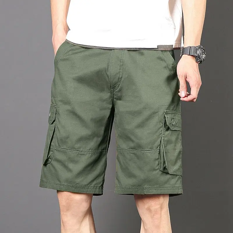 Black Long Men\'s Cargo Shorts Green Over Knee Half Male Bermuda Short Pants Distressed Wide Front Pocket Elastic Waist Homme Y2k