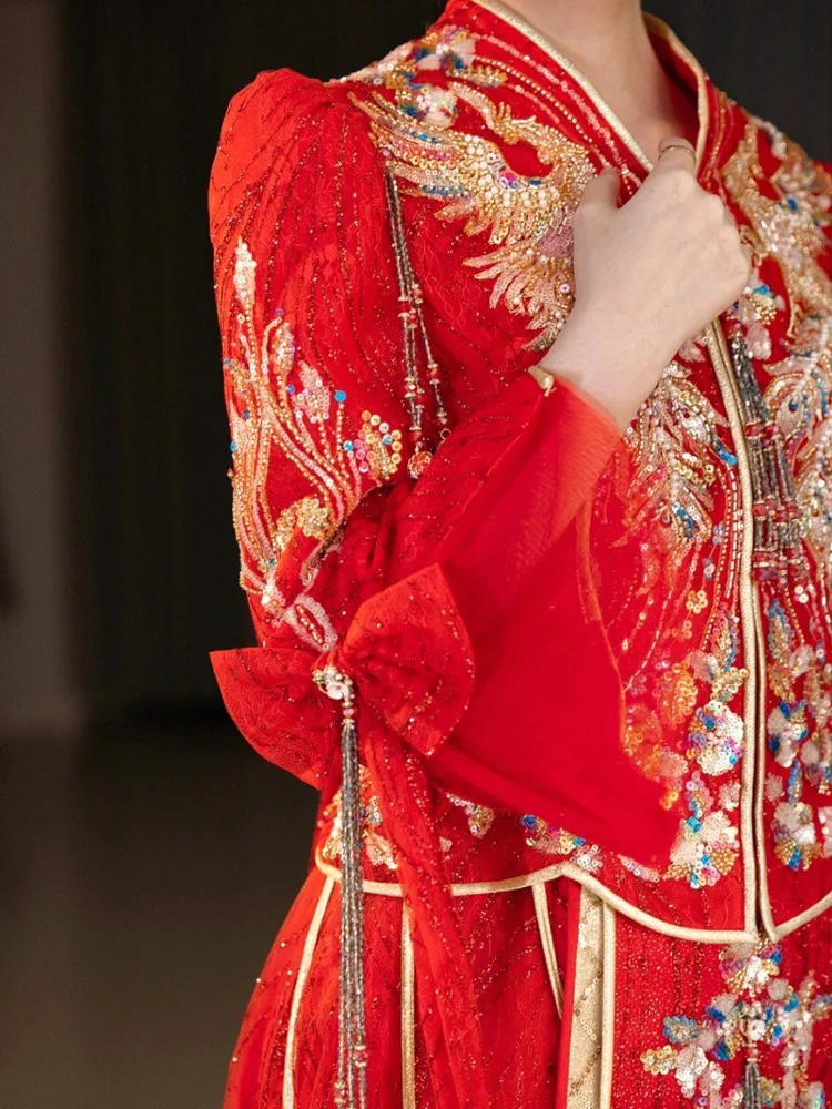 Xiuhe-Robe de mariée pour patients chinois, broderie perlée, robe de grillage haut de gamme, luxe