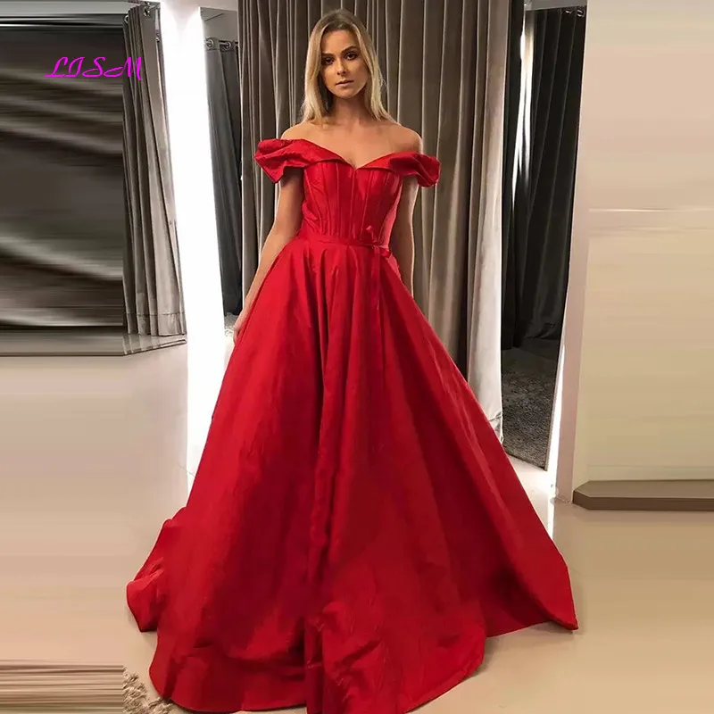 

Princess Off The Shoulder Prom Dresses A-Line Evening Satin Sweep Train Red Gowns Vestidos De Gala فساتين السهرة