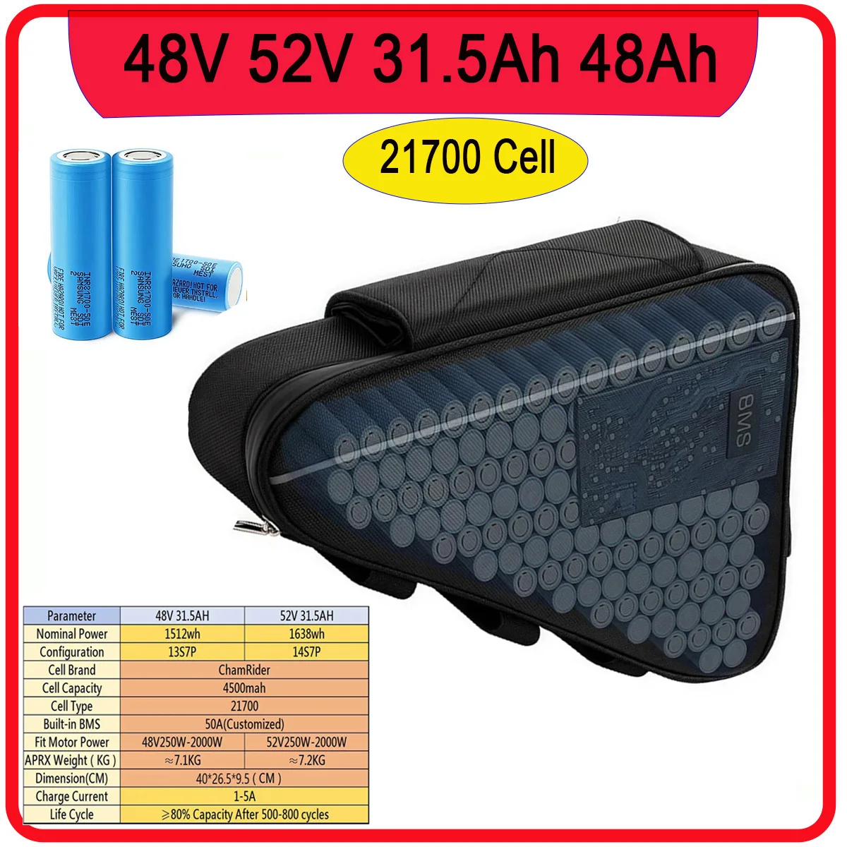 New 48V Triangle Huge Capacity 30AH48AH High Quality Pack Built in 50A BMS For 250W-3000W SuperPowerful 21700 Batteries+Charger
