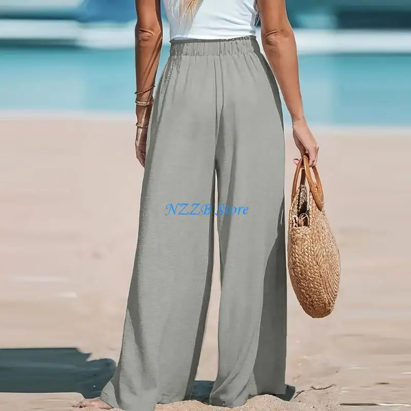 

T21F Women's wide-leg casual pants, loose fit, adjustable drawstring and elastic waistband.