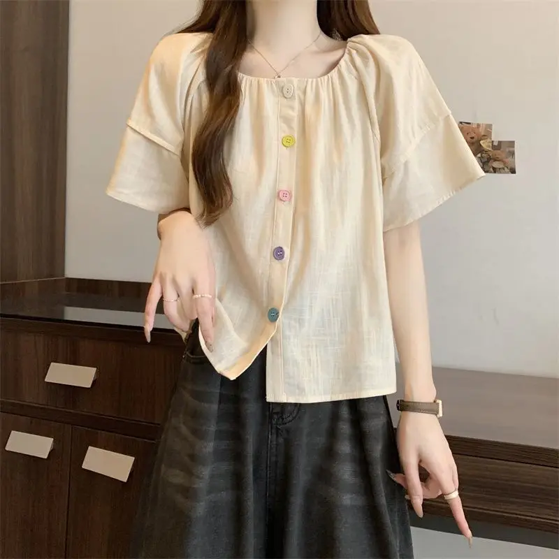 Summer New Korean Solid Color Loos Blouse Short Sleeve O-neck Pleated Simplicity Sweet Shirt Tops Fashion Casual Women Clothing