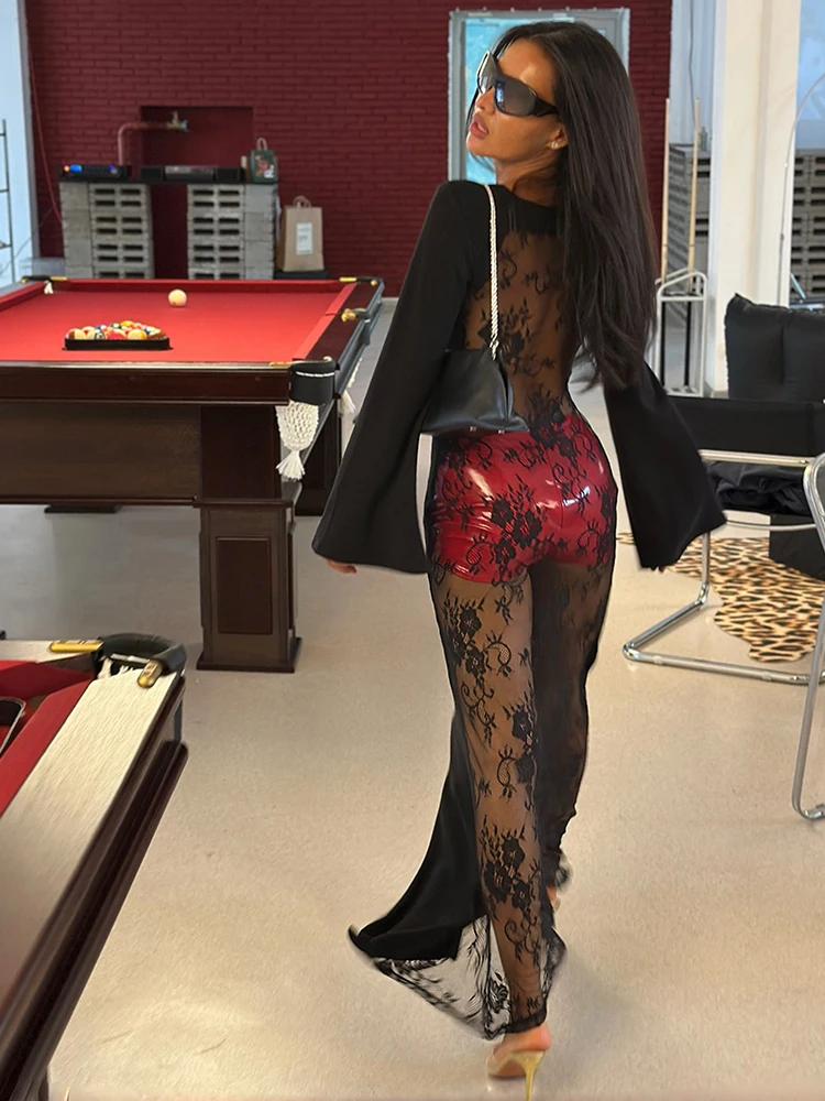 Weird Puss Spitzen-Patchwork-Kleid Damenmode Einfaches O-Ausschnitt Puffärmel Stretch Trend Elegantes Bankett-Party-Club-Langes Bodycon-Kleid – Detail 12
