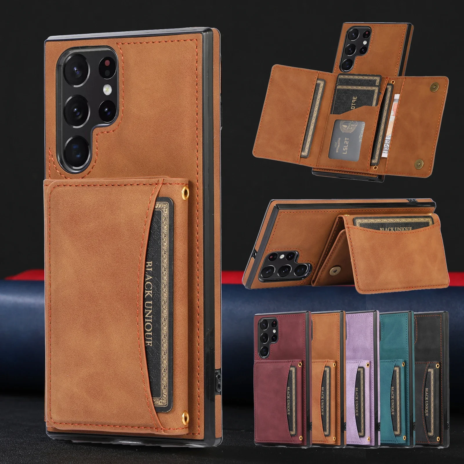 Triple Folded Matte Leather Wallet Case for Samsung S23 S24 Ultra S22 Plus S21 A55 A12 A14 A52S Card Slots Kickstand Flip Cover