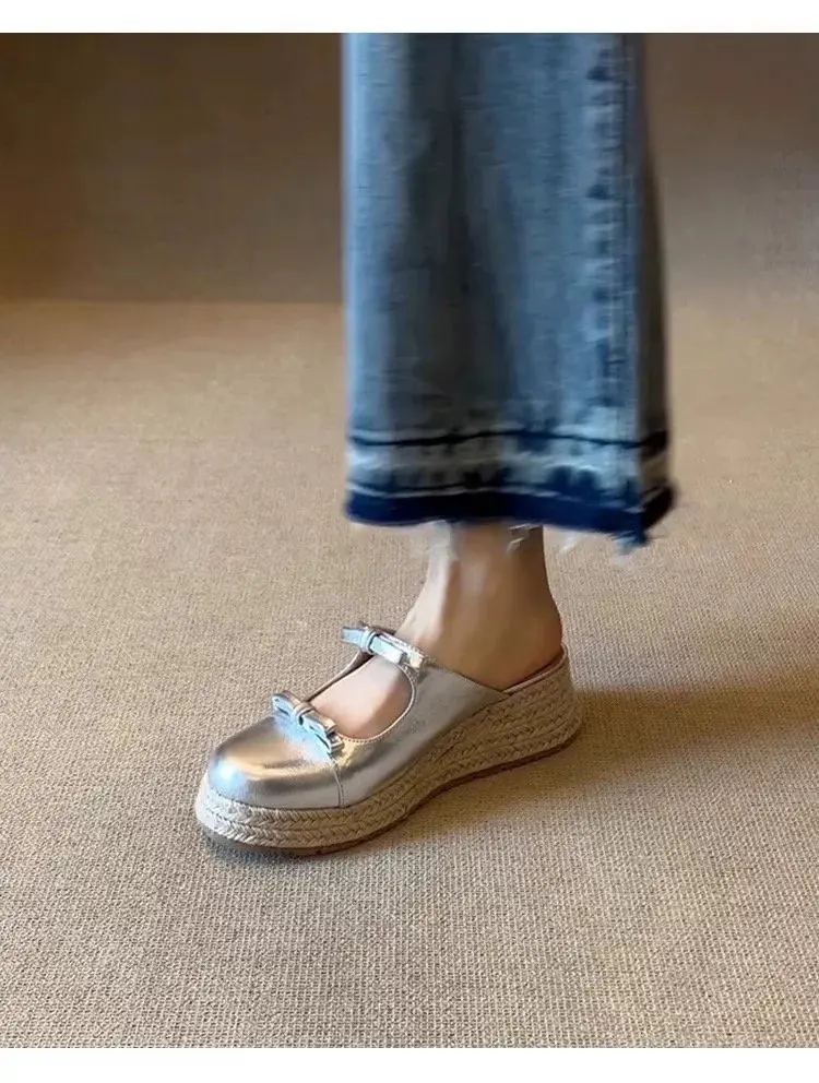 Damen Schleifen-Sandalen mit geschlossener Zehenpartie, Plateau-Espadrille-Keilabsatz, Slipper für den Sommer – Detail 14