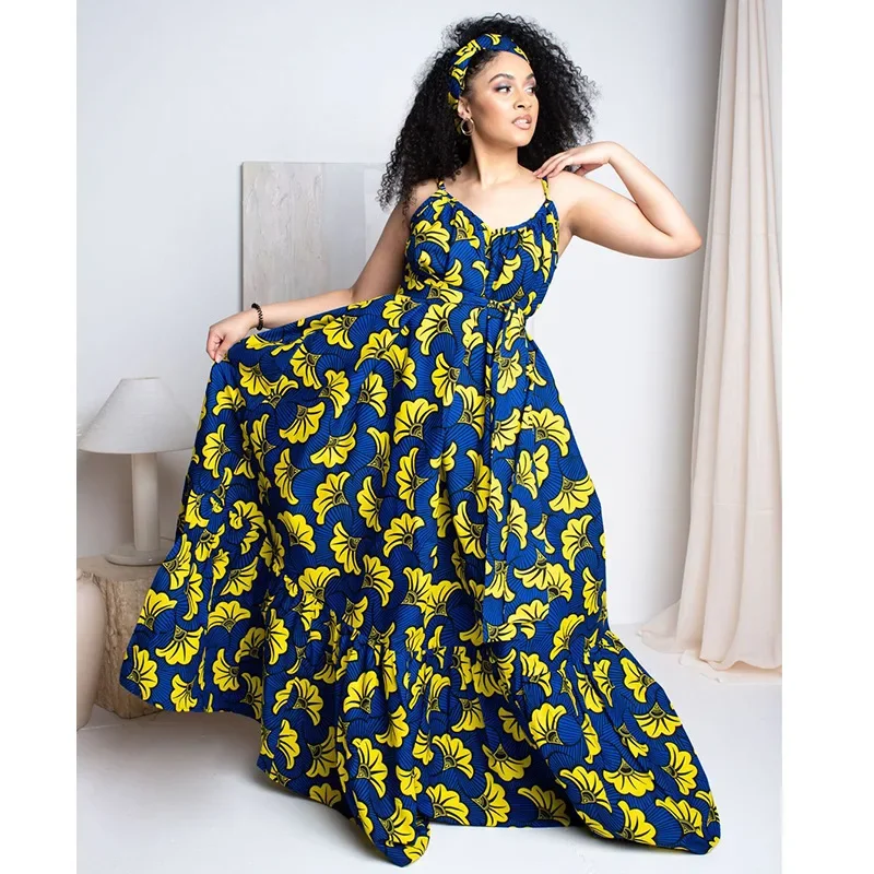 

Loose African Maxi Dress Women 4XL Big Size Spaghetti Strap Boubou Summer New Print Ruffle Patchwork African Beach Maxi Dresses