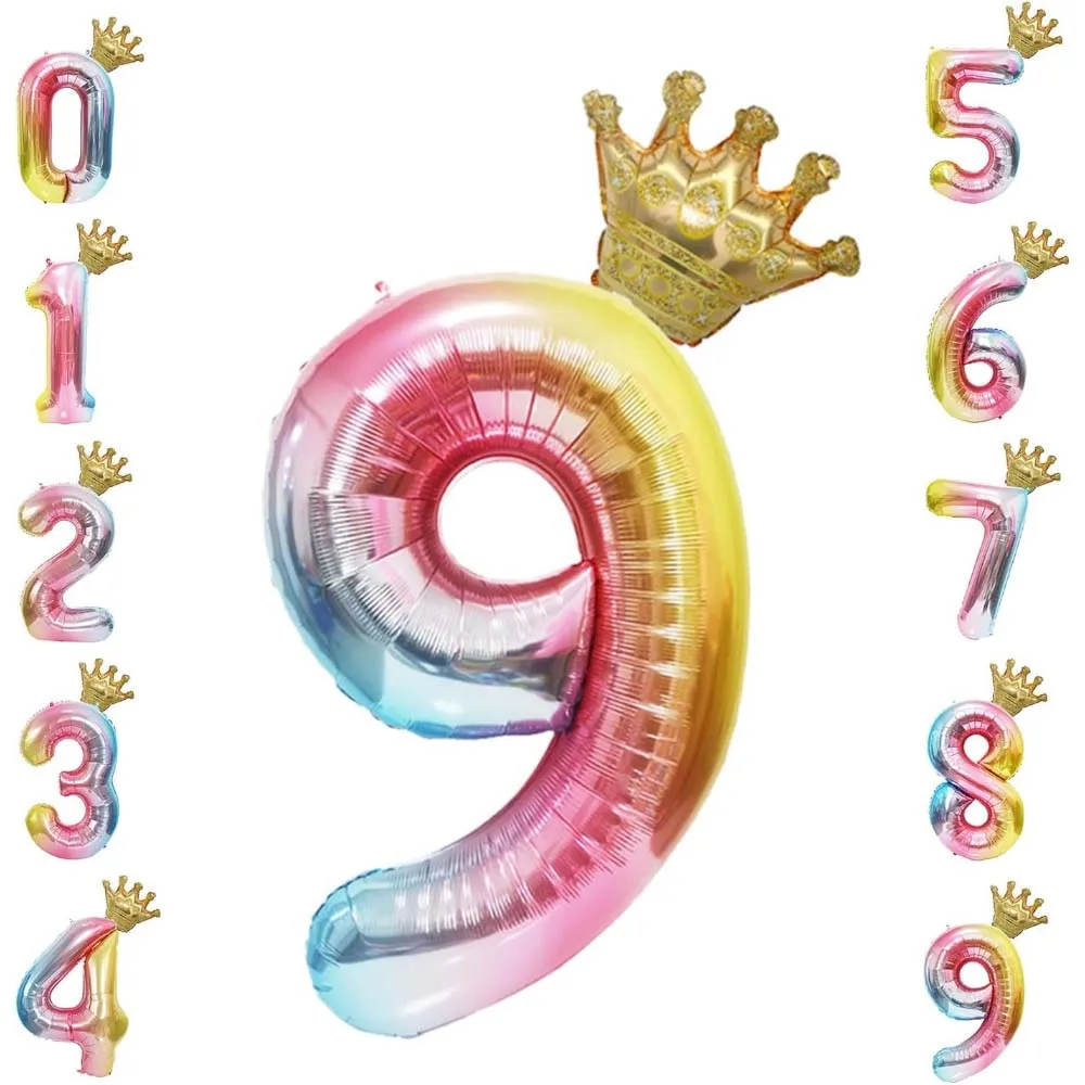 

32 Inch Gradient Crown Number Balloons Mylar Foil Helium Balloons For Birthday Party Celebration Decoration Graduation Ceremony