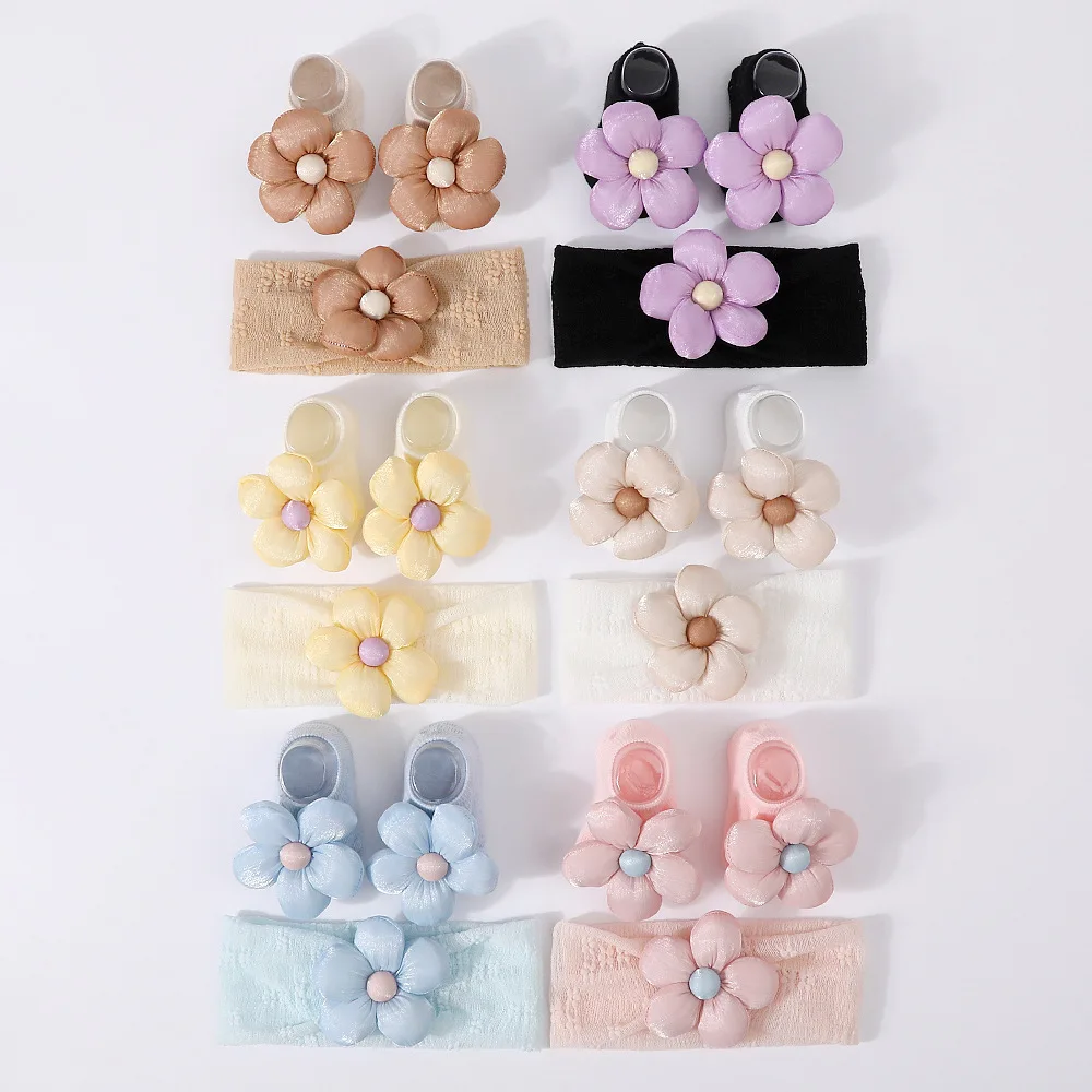 

3 шт./компл., детские повязки на голову с кружевными цветами, носки, хлопковые нескользящие ножные браслеты, чулки для детей 0-12 м, широкие эластичные ленты для волос, реквизит для фотосъемки младенцев