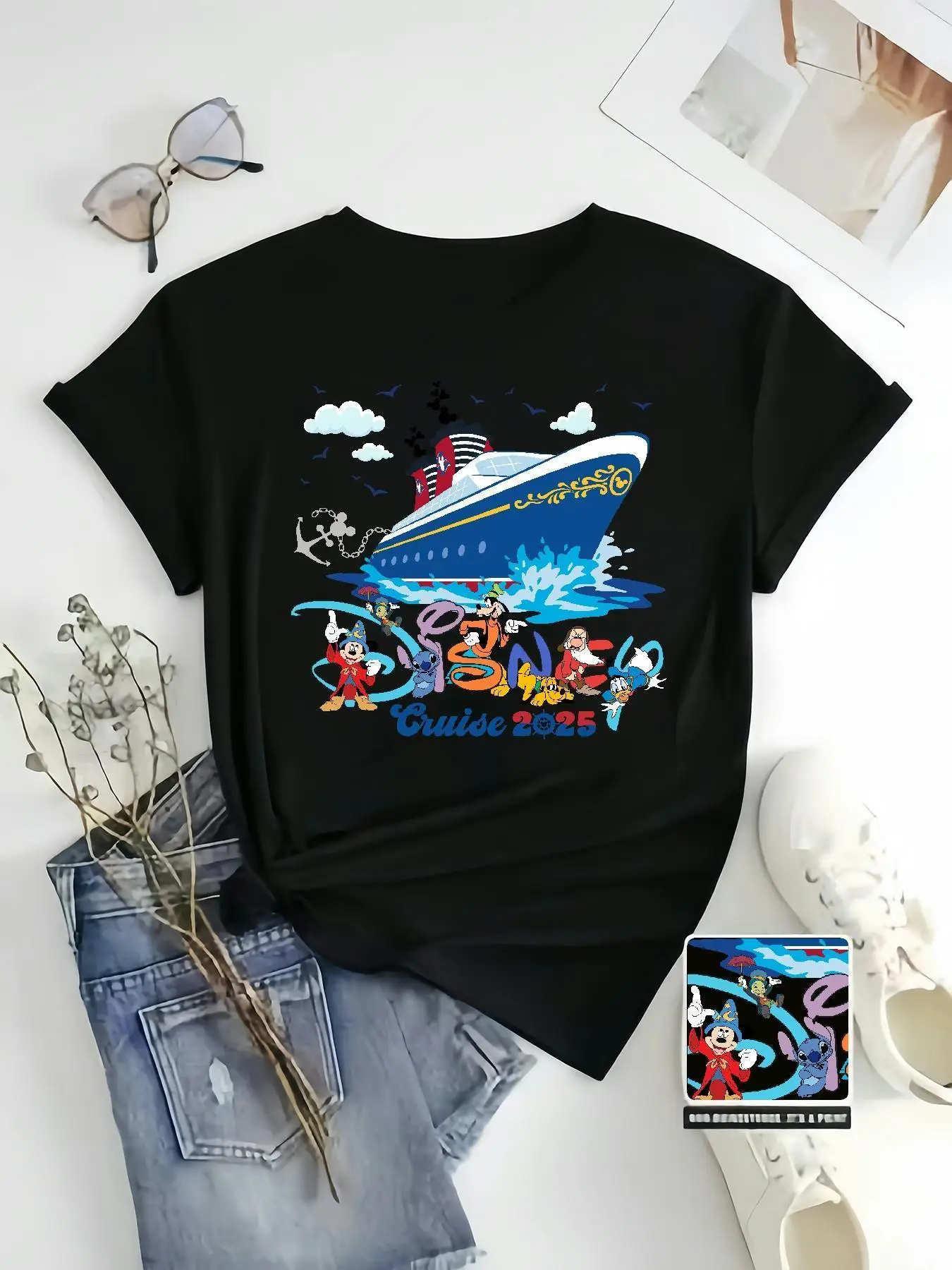 

Plus Size Women'S T-Shirt - Fun Cruise 2025 Graphic Tee with Sailing Ship & Cartoon Characters, Casual Crew Neck Top, Perfect Gi