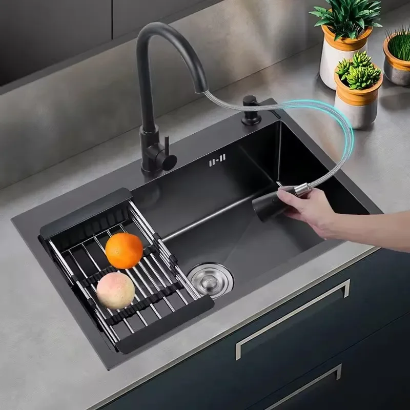 for Black Nano Large Single Kitchen Sink 304 Stainless Steel Handmade Vegetable Basin Multifunctional Wash Basin