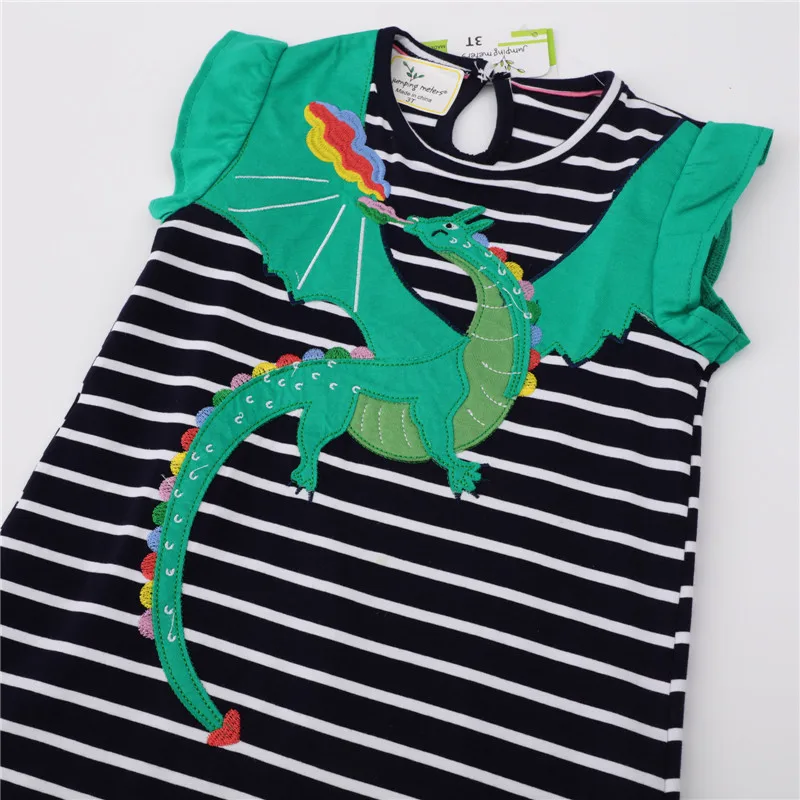 Jumping Meters New Summer Animal Appliqque Princess Girls Dresses Cotton Stripe Baby Clothes School Frocks Kids Dress