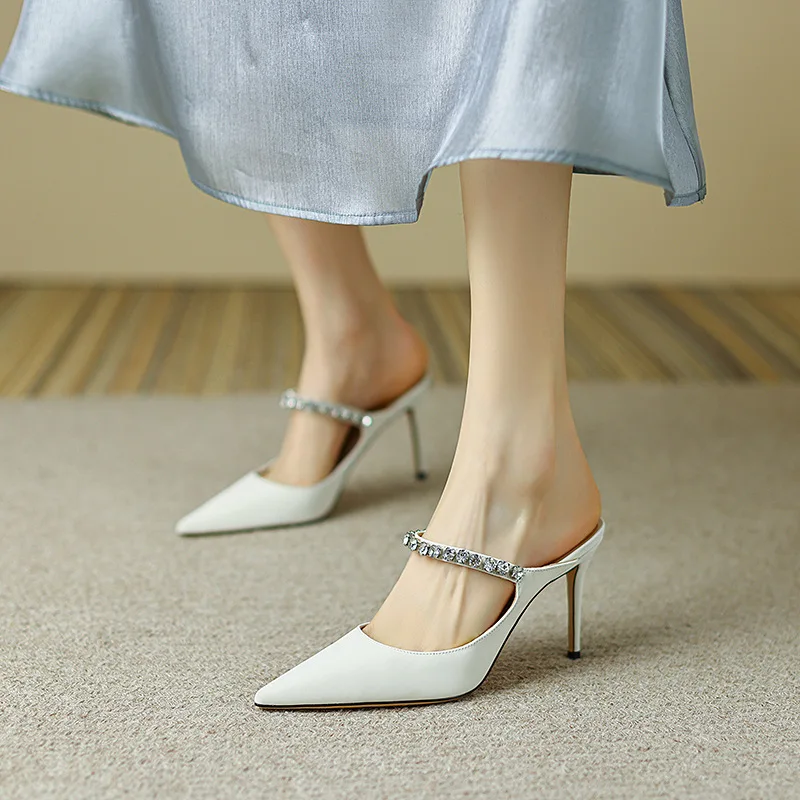 2023 New Women's High Heel Shoes Fairy Half Slippers Pointed Thin Heel Shoes Fashion Women's Shoes Water Diamond Baotou Sandals