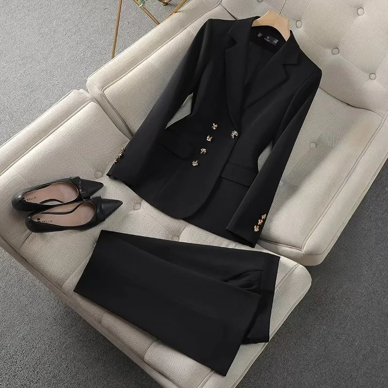 Negócios commuter roupas de trabalho carreira terno feminino duplo breasted blazer superior terno e calças ol 2026 dois 2 peças conjunto roupas
