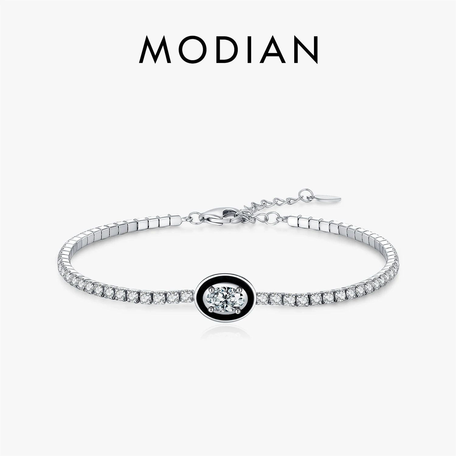 

MODIAN Black Enamel Bracelet 925 Sterling Silver Sparkling Oval Clear CZ Tennis Bracelets For Women Fine Jewelry