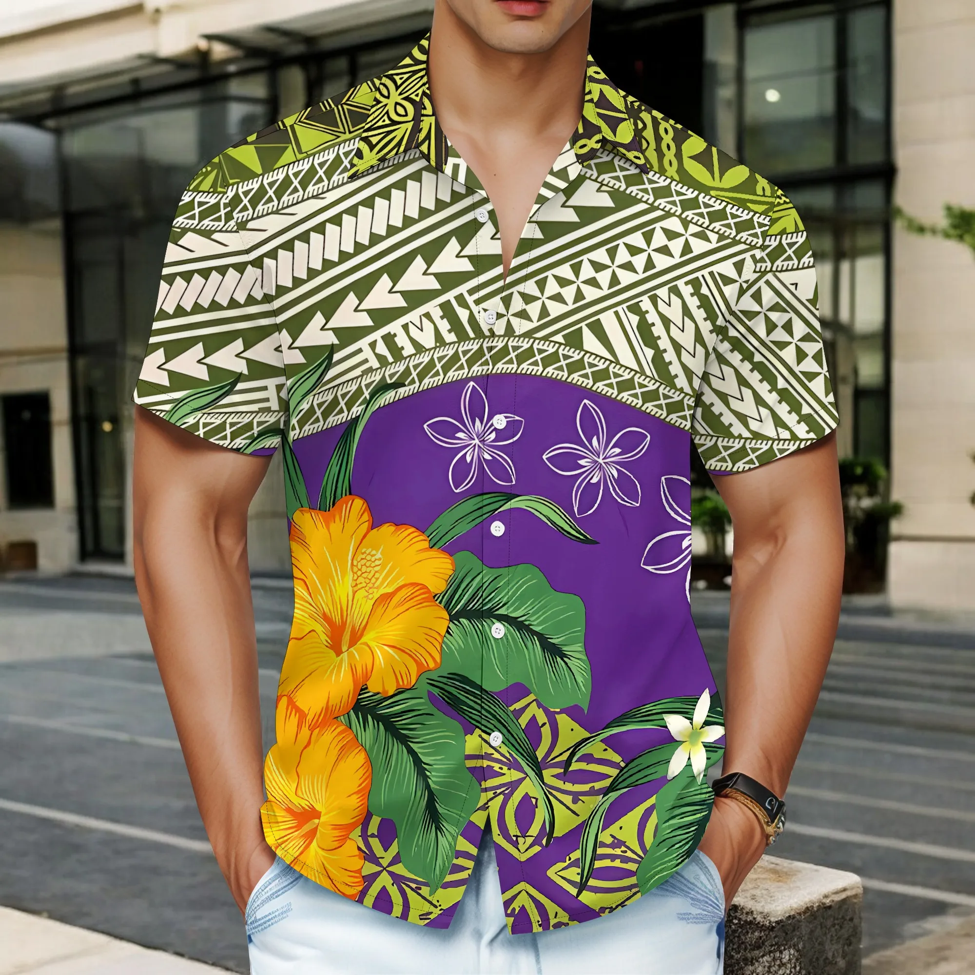 

YEAE Tribal Floral Patchwork Print Shirt for Men Summer Casual Short Sleeve Top