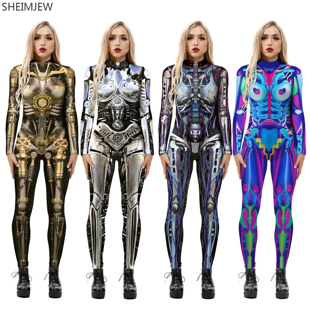 New Sexy Women Punk Robot Cosplay Jumpsuit Steampunk Mechanical Zentai Suit Halloween Carnival Party Stage Performance Bodysuits