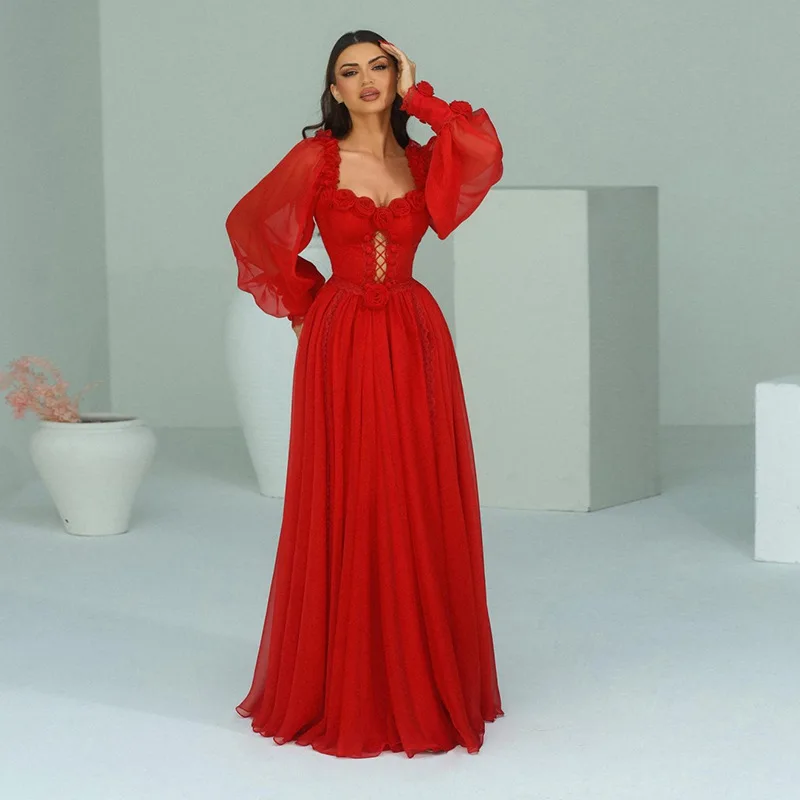 

Private Server Socialite Style2025 New Sexy Square Neck Three-Dimensional Flower Decoration Drawstring Lantern Sleeve Dress