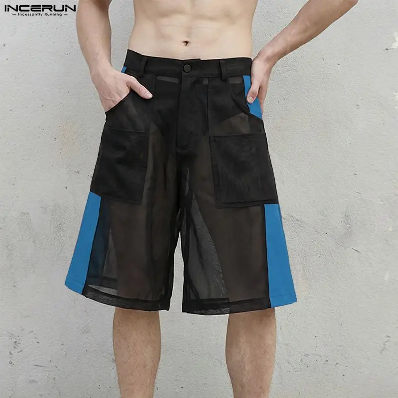 INCERUN Men Shorts Mesh Patchwork See Through Loose Joggers Men Bottoms Summer Sexy Color-block Fashion Vacation Shorts For Man