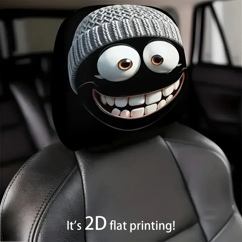 2pcs Grey Funny Smiling Face Car Headrest Cover Double Sided Print No Filling Material Easy Installation Interior Decoration