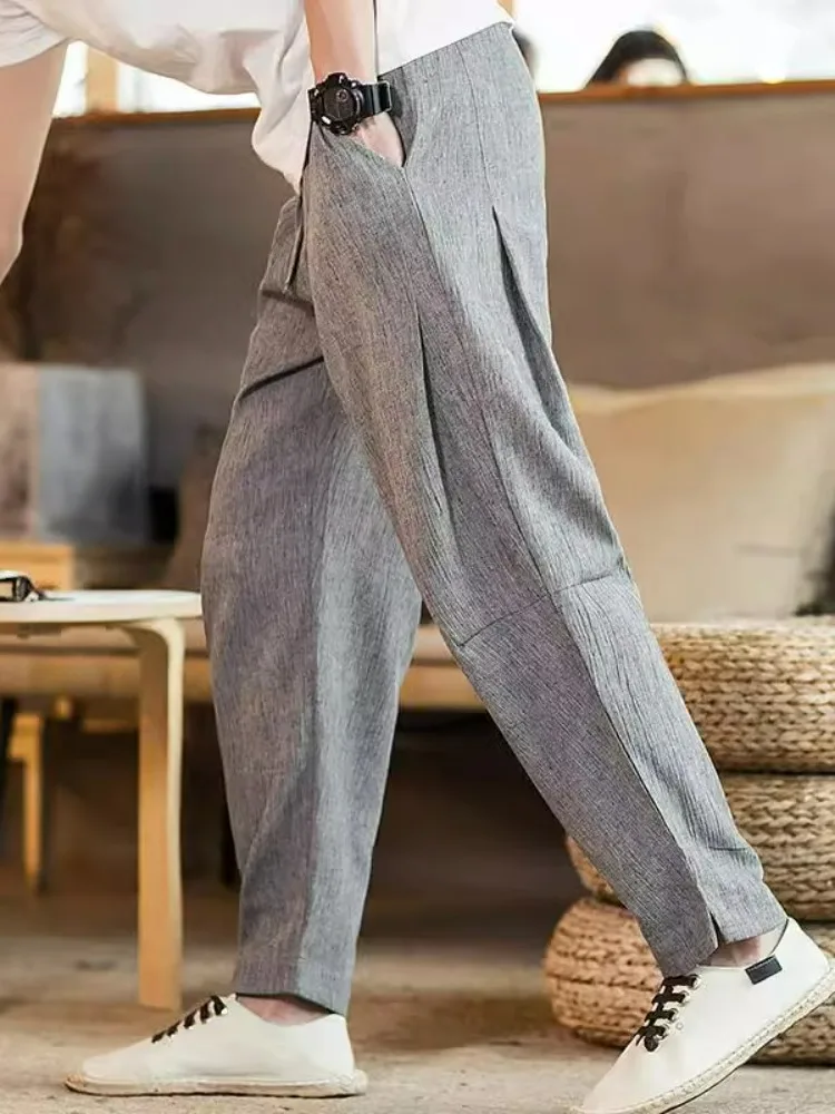 

Мужские тонкие повседневные брюки из льна и хлопка для ранней осени, свободные, больших размеров, в китайском стиле, широкие штанины, модель Харлан