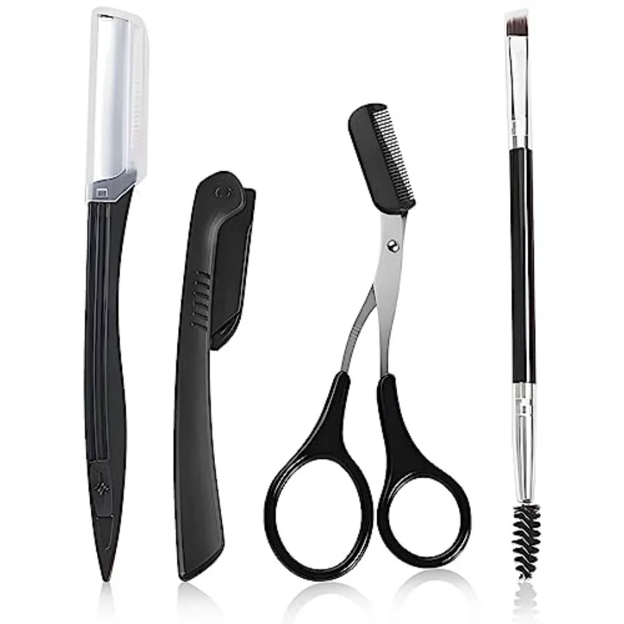 Eyebrow Kit Grooming Scissors Razor Kit 4 In 1 Stainless Steel Set Kit for Women and Men, Including Brow Razors Trimmer, Brush,