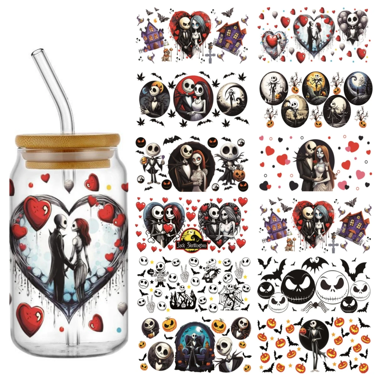 Miniso Jack And Sally UV DTF Cup Wrap for 16oz Libbey Glass Sticker Can Tumbler Transfer for Cup Wraps Libbey