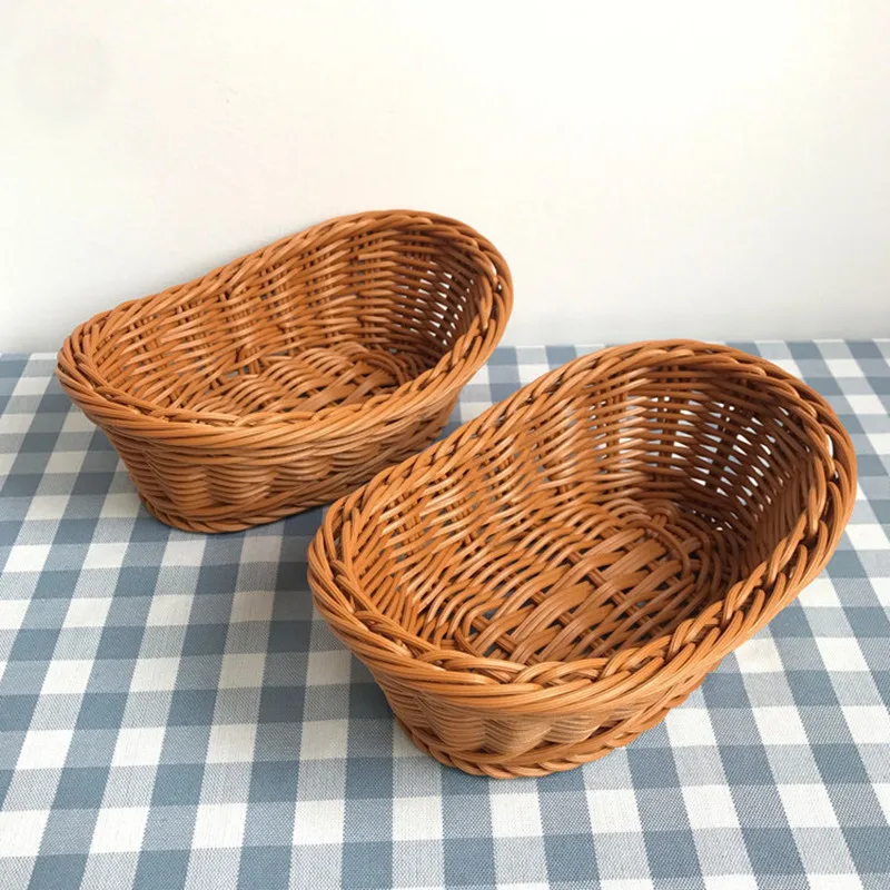 Oval Rattan Woven Storage Basket Bread Fruit Food Storage Tray Knife And Fork Baskets Breakfast Display Box Home Decoration