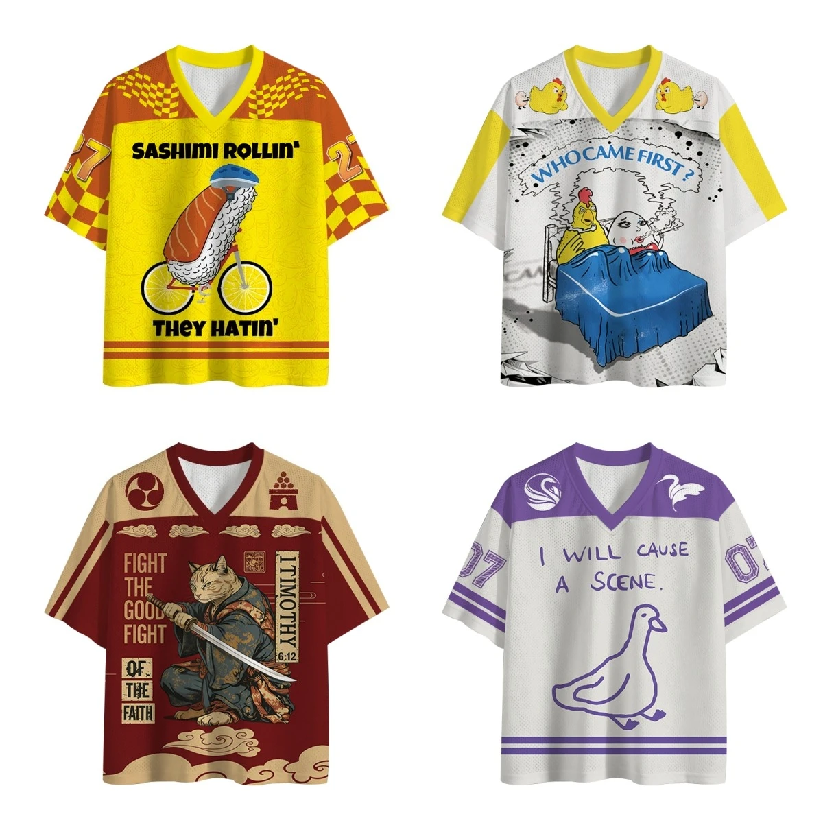 2026 Funny Cartoon Animal Meme Mesh Football Jersey Bundle, 4 Styles V-Neck Graphic Tee Y2K Unisex Streetwear Short Sleeve Top