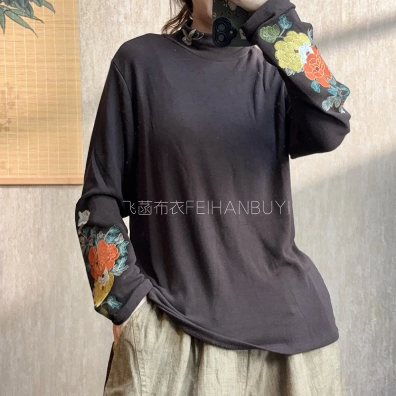 

25 New Arrival Autumn Arts Atyle Women Fashion Half Turtleneck Embroidered Tops Tees All-matched Long Sleeve Vintage T-shirt F79