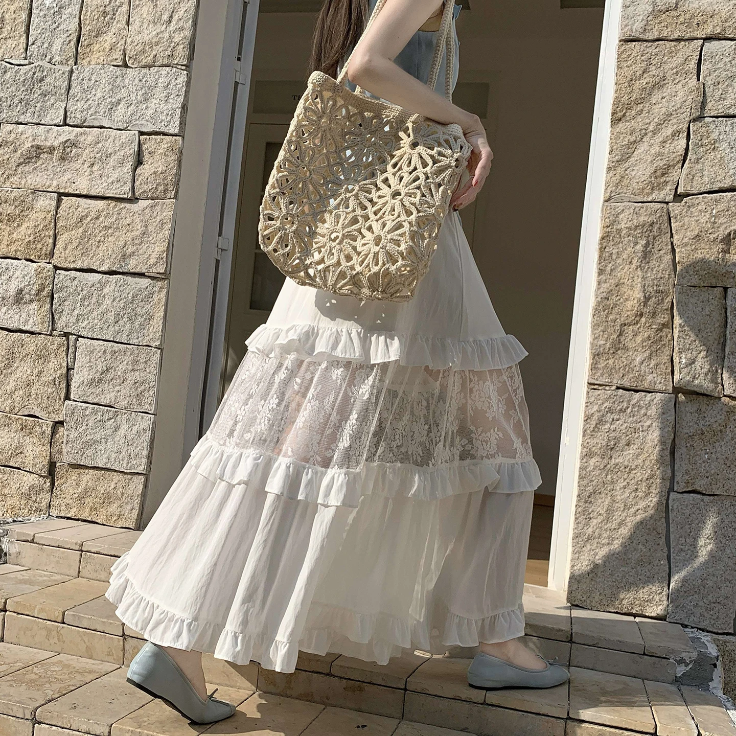 

Элегантная женская юбка миди с кружевными вставками и оборками, весна-лето, с завышенной талией, утягивающая, многоярусная юбка-кейк