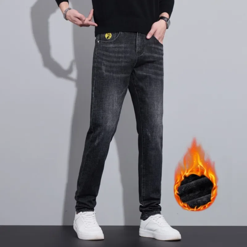 جينز شتوي من الصوف باللونين الأسود والرمادي للرجال مستقيم نحيف قابل للتمدد غير رسمي متعدد الاستخدامات وبسيط سميك أزرق ورمادي #5
