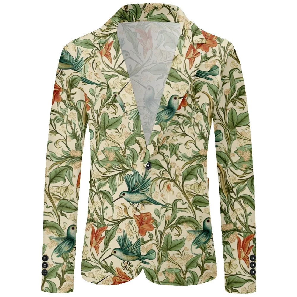 Mens Blazer Floral Bird Printed One Buttons Vintage Casual Sport Coat Lightweight Business Jacket Slim Fit Blazers Plus Size 9XL