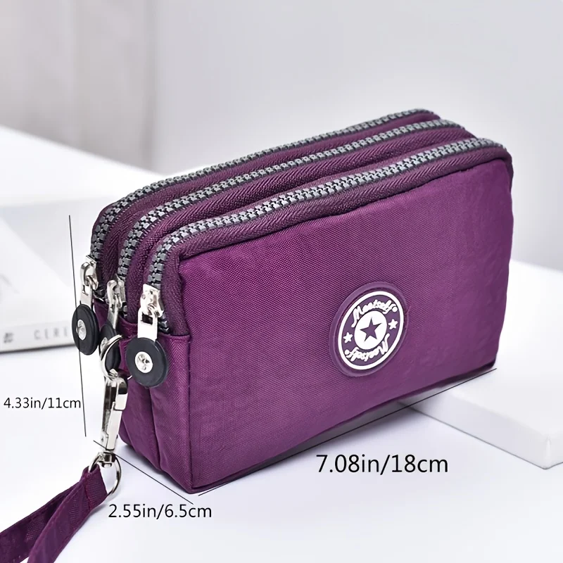 Borsa corta per cellulare con cerniera a tre strati borsa da donna per trucco a mano di moda borsa tascabile multistrato impermeabile con cambio portatile