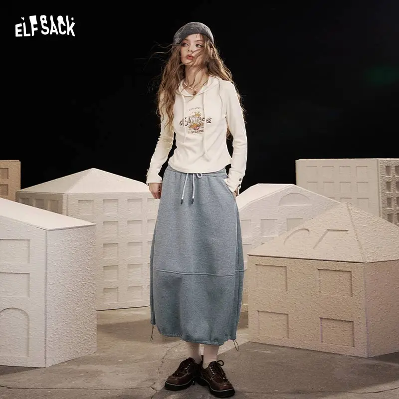 ELFSACK 2025 Winter New Arrivals Sporty Hem Elastic Drawstring Half Skirt For Woman