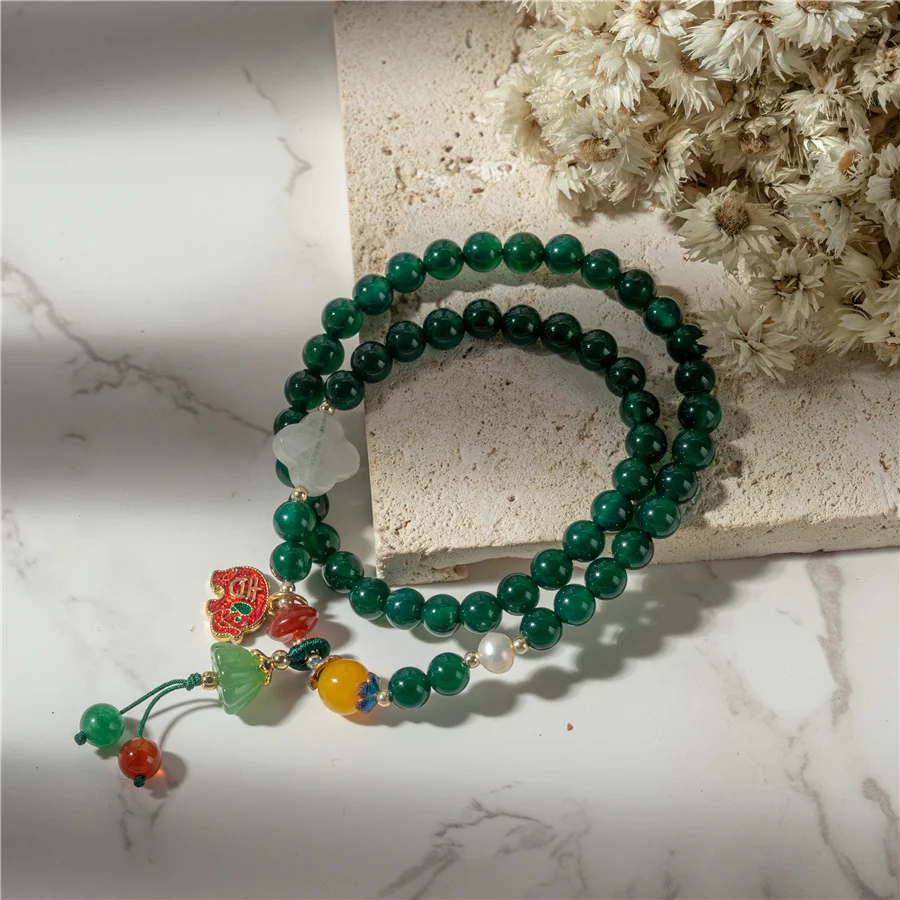 Chinese Style Temperament Antique Double Layer Green Agate Bracelet All-match Small Fresh Jewelry Lucky Guardian High-end Gift