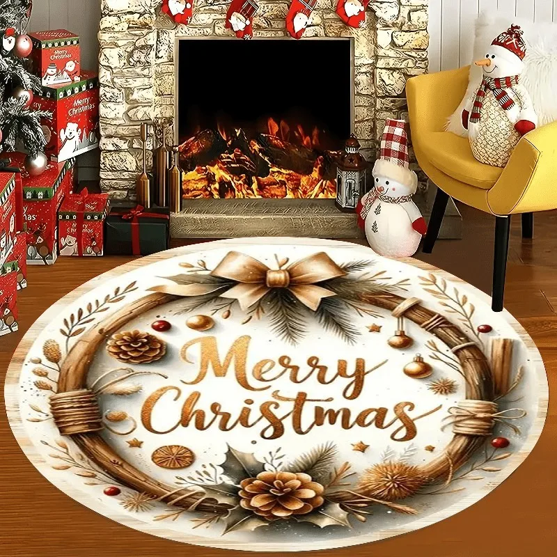 Christmas Snowy Cabin Round Rug Winter Forest Deer Circular Carpet Living Room Cozy Mountain House Area Rugs  Holiday Decor Mat