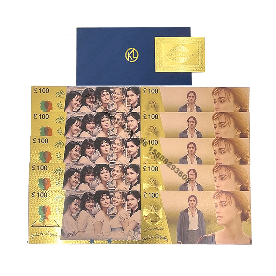 

10pcs/lot Classic movie Pride and Prejudice gold banknote Collection Fitzwilliam Robinson Henry Darcy /Elizabeth Bennet card