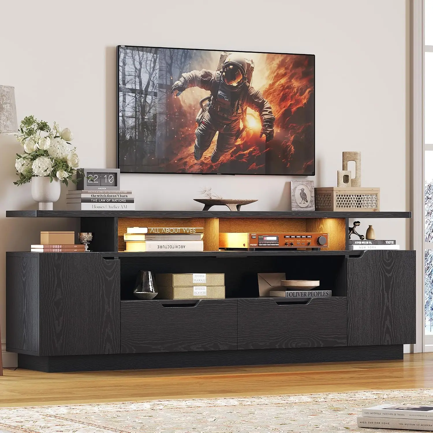 LED TV Stand with Lights Power Outlets Cabinets Drawers Shelves Cable Management for Living Room 85 Inch, Customized