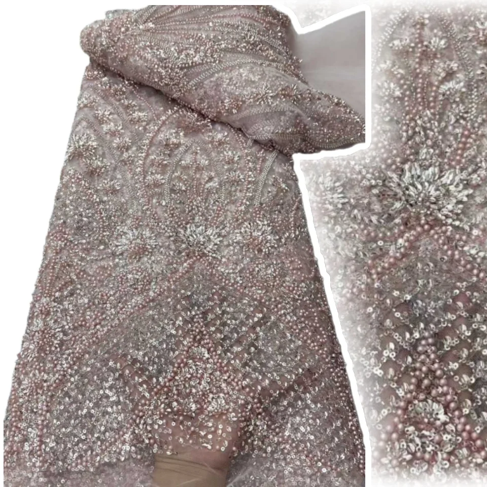 Роскошная африканская кружевная ткань, белый тюль, кружевная ткань, 2025 5 ярдов, тяжелый тюль с блестками и бисером, кружево для вечерние свадебных платьев A1697