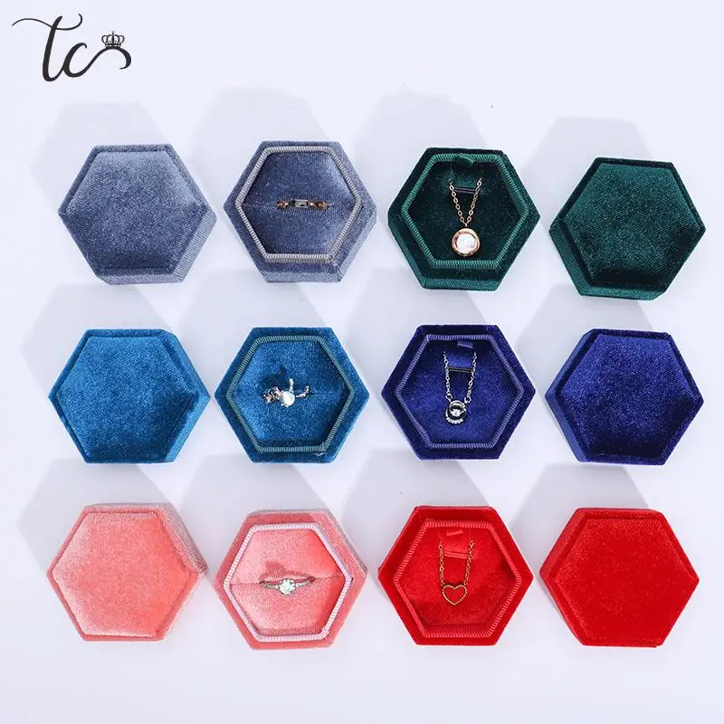 Joyero Hexagonal de terciopelo para anillos, pendientes, collar, colgante, pulsera, caja de exhibición de almacenamiento, caja de regalo de propuesta de boda