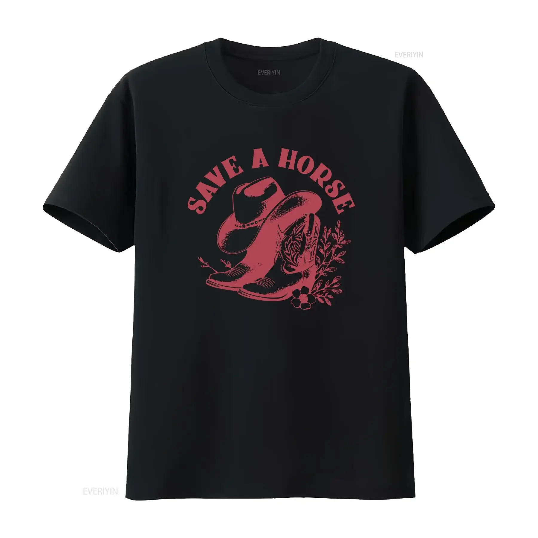 Vintage Western Cowboy Save A Horse Slogan Hat Boots Floral Print Casual T Shirt vintage Washed Breathable Slightly streetwear