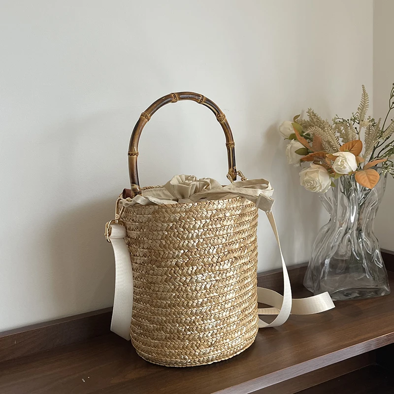 

Vintage Women Woven Bucket Bags Solid Straw Handle String Bags Large Capacity Female Vacation Beach Single Shoudler Packs